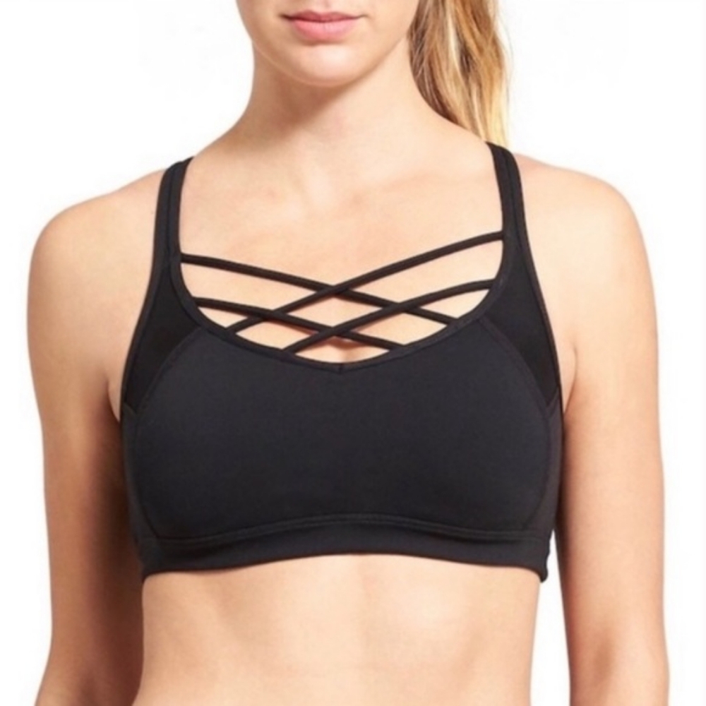 Athleta Mind Ovet Mat Strappy Front Sports Bra Black XS